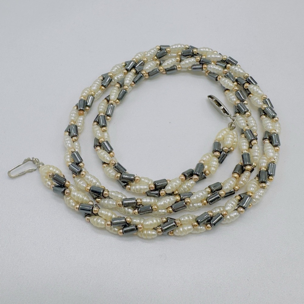 Vintage Rice Pearl & Hematite 3 Strand Necklace Tosade 24"